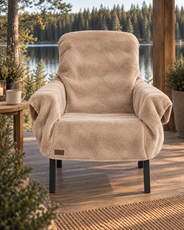 Beige VILLAMO-ulkotuolin peitto puutarhatuolissa suomalaisella järvenrantaterassilla.