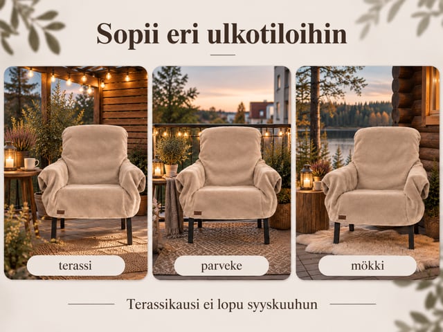 VILLAMO-ulkotuolin peitto käytössä terassilla, parvekkeella ja mökillä.
